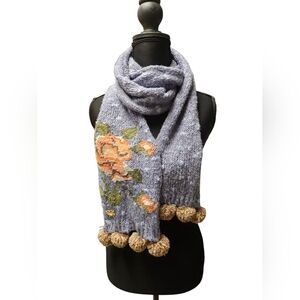 Betsy Johnson Knit Floral Scarf w/ Pom Pom Trim – Cozy Statement Piece